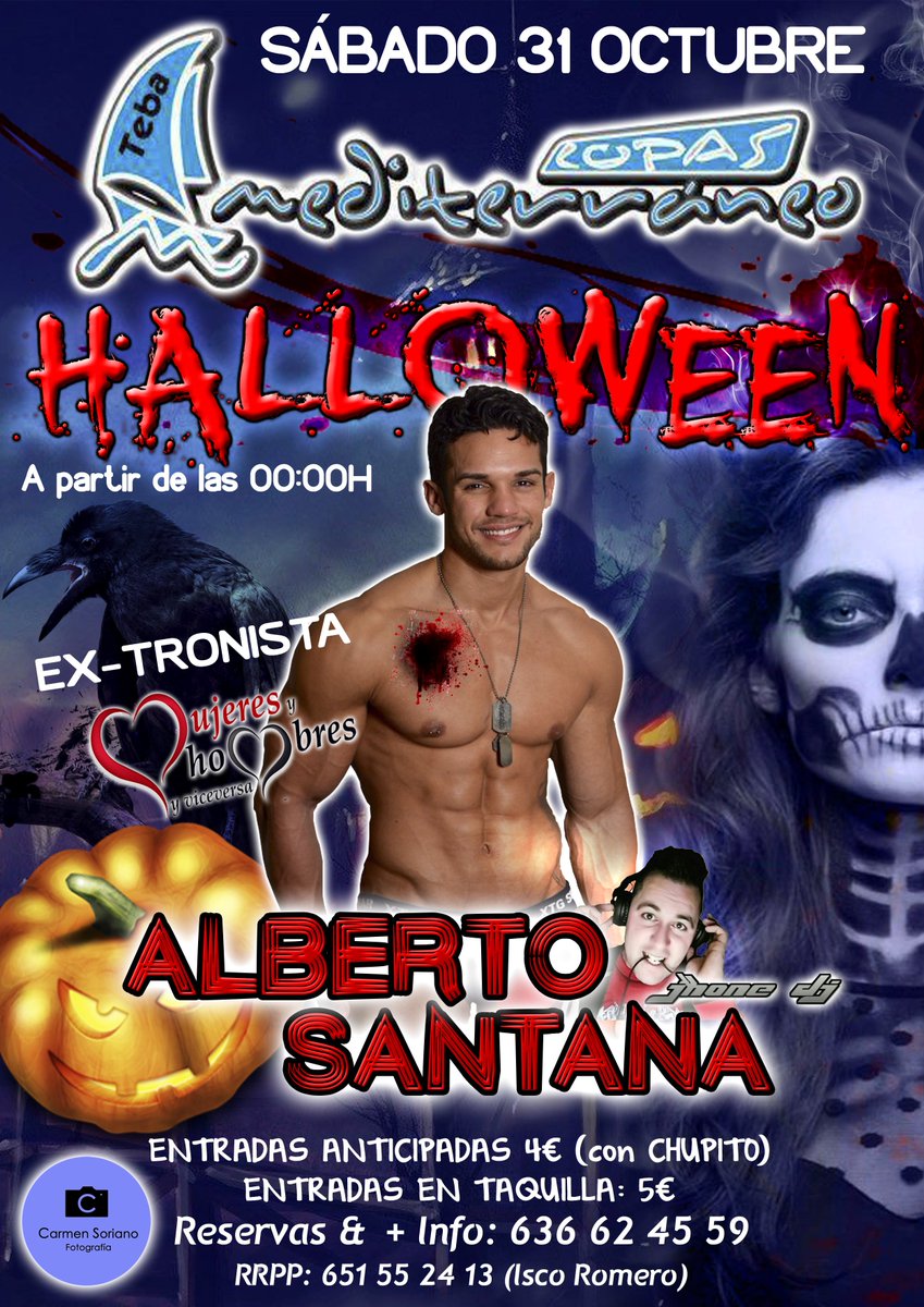 AdcAtleticoTeba's tweet photo. HALLOWEEN 🎃 SBD 31 OCT.  
#AlbertoSantana en @MediterraneoTeb 🎉 
¡ ÚLTIMAS ENTRADAS A LA VENTA ! 😳  651 55 24 13 📲 https://t.co/YZfpGSfh0K