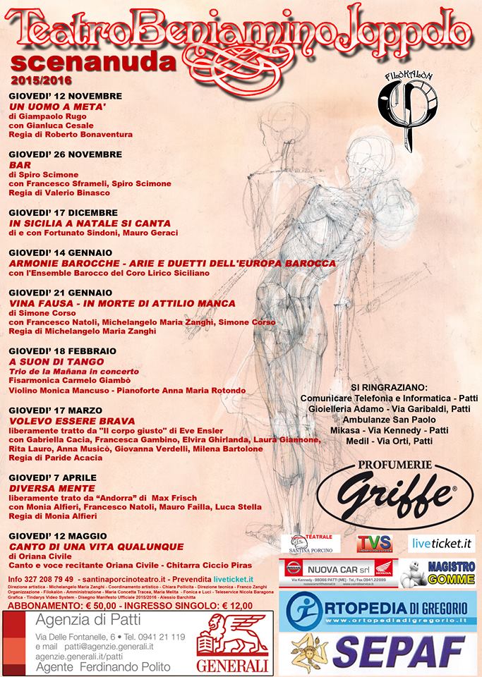 ScenaNuda's tweet photo. Teatro di Patti #scenanuda riparte! Abbonamento 9 spettacoli 50 €. Per chi si abbona entro ottobre CINEMA GRATIS! https://t.co/qroCw2ZbBS