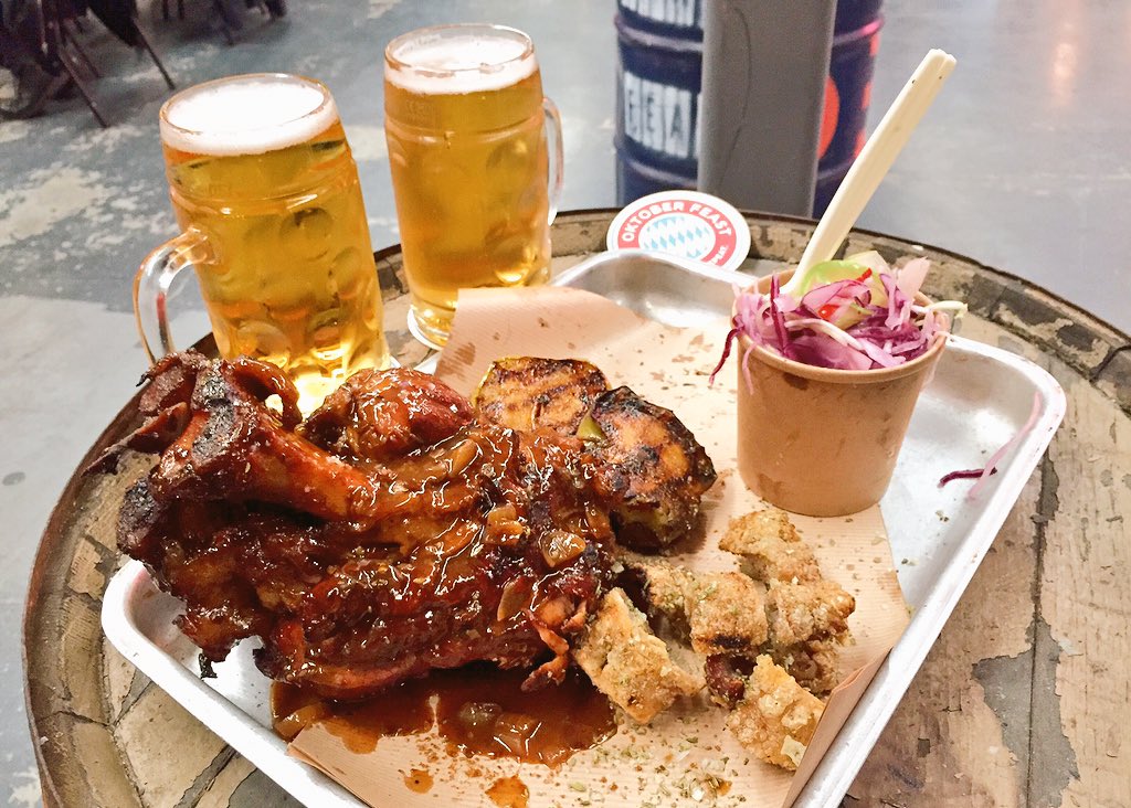 BigEater's tweet photo. Lunch three - Smoked Pork Knuckle w/ smoked apples and crackling. + two pints of Veltins. #SteinDining #OktoberFeast https://t.co/bfnXc2mmse