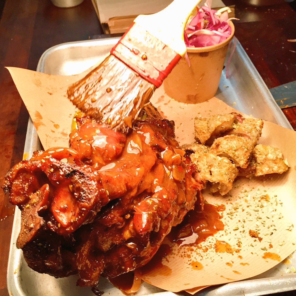 BigEater's tweet photo. Lunch three - Smoked Pork Knuckle w/ smoked apples and crackling. + two pints of Veltins. #SteinDining #OktoberFeast https://t.co/bfnXc2mmse