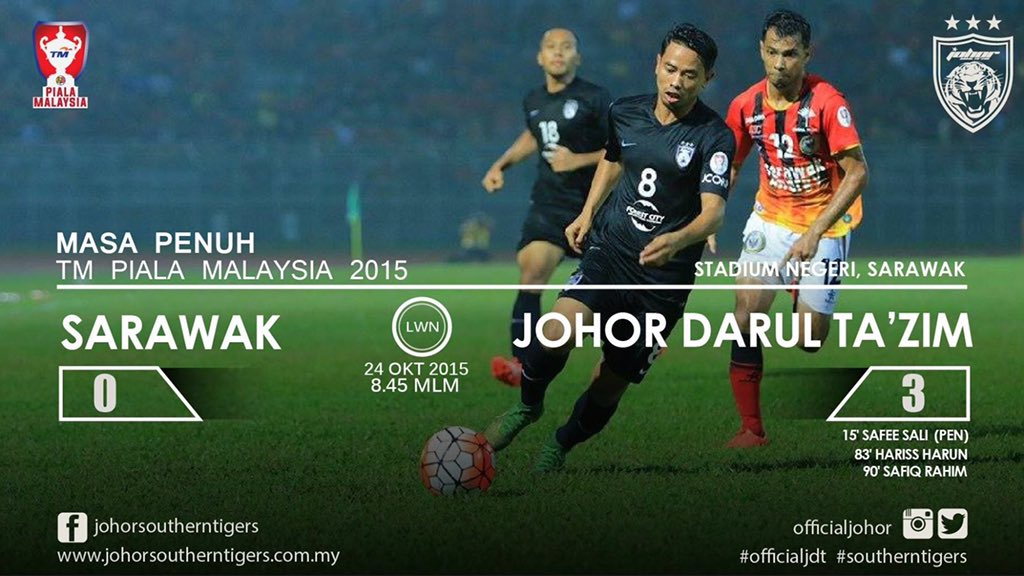 OfficialJohor's tweet photo. After 3 minutes of additional time, its FULLTIME in Stadium Negeri Sarawak. Good job Tigers! #TMPialaMalaysia2015 https://t.co/ctx14vj5um