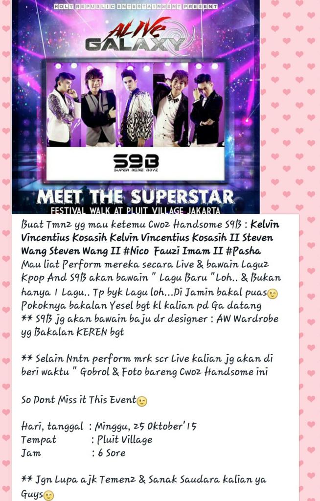 alwaysloveS9B's tweet photo. Ayo Besok yg "Kangen S9B" Jgn pd Lupa dtg ya! Kt Seru2an brg @KelvinS9B @StevenS9B @NicPutra @pashaS9B @fauzimam87 https://t.co/fPr1ON6l7L