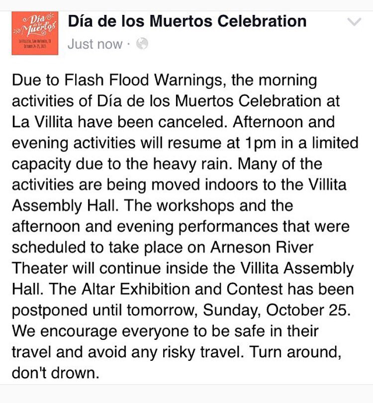 muertosfest's tweet photo. Morning activities have been postponed and afternoon/evening performances are moving indoors. #TurnAroundDontDrown https://t.co/8pT7kLM7b6