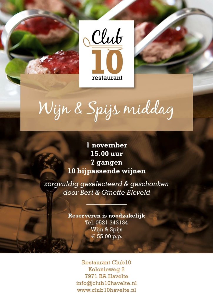 Club10Havelte's tweet photo. 1 november, 7-gangen, 10 wijnen geselecteerd door Bert &amp; Ginette @EleveldWijn. Reserveren is noodzakelijk. Welkom ! https://t.co/rmvoZg0YqN