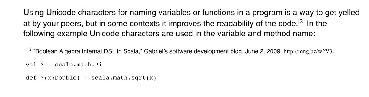 Unicode characters don't always render correctly in ebooks. So much for improved readability! #scala