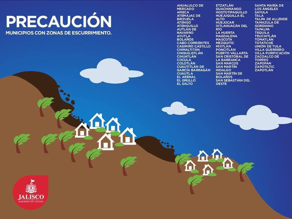 GobiernoJalisco's tweet photo. Comparte a familia y amigos la información de los municipios donde existe riesgo de escurrimientos. #Patricia. https://t.co/1pplGkdps0
