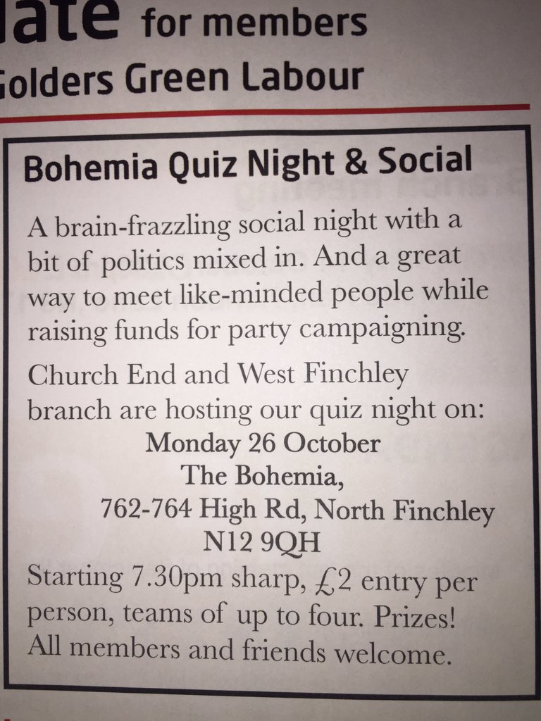 Stugeorge82's tweet photo. @BarnetLabour hi guys remember the quiz this Monday night at the Bohemia 7:30pm https://t.co/mhNKJL5yx4