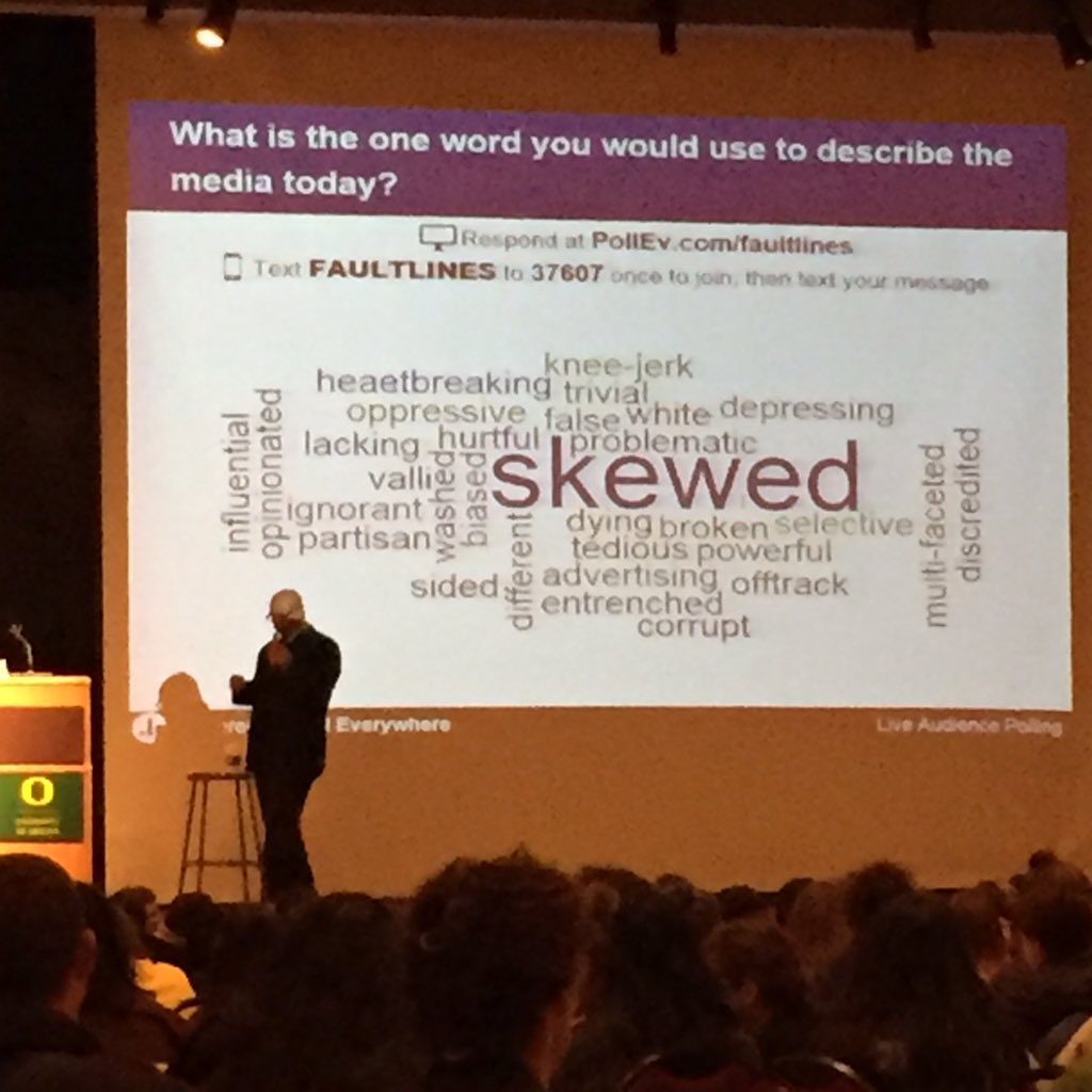 UOsojc's tweet photo. "One word to describe the media today" audience text message poll. #fallpressday https://t.co/aCPeWy6spG