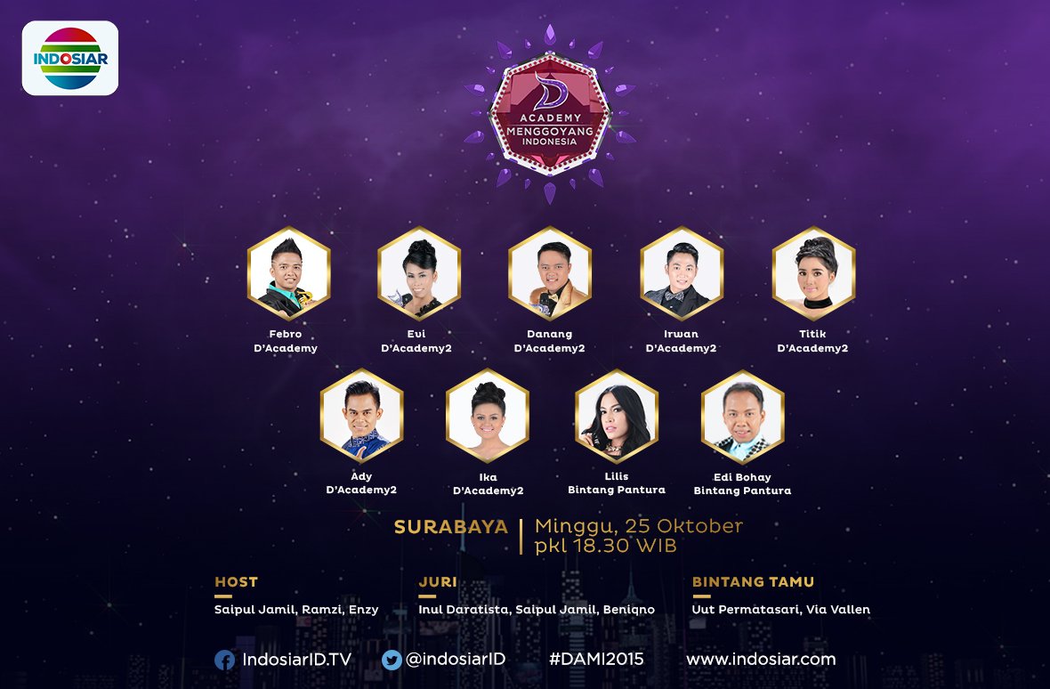 Indosiar's tweet photo. Mau lihat penampilan @DA2_Evi @DA2_Danang dan @DA2_Irwan ? Ya nonton #DAMI2015,malam ini pkl 18.30 WIB https://t.co/N5OCqOGi9n