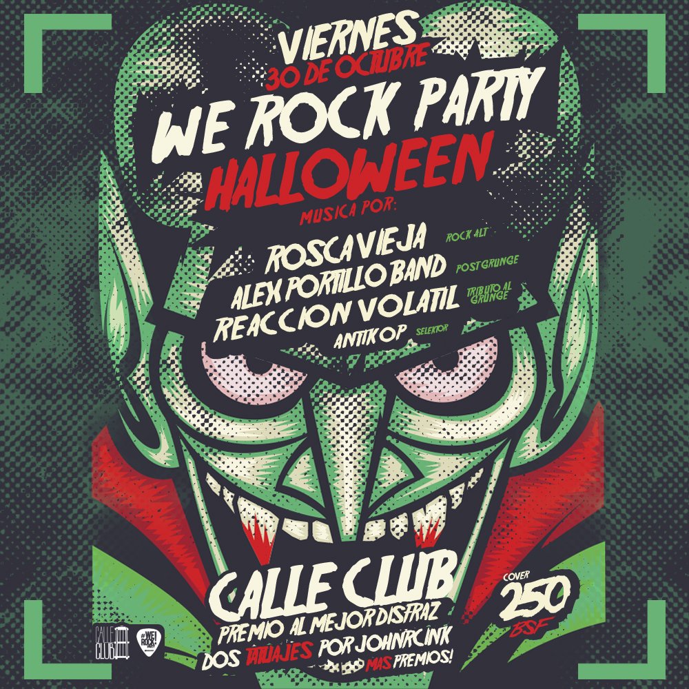 WeRockParty's tweet photo. #Halloween en @CalleClub #TributoalGrunge con @Alex_portillo @ROSCAVIEJA @ReaccionVolatil and @Antikop 30/10 https://t.co/4OTely3Fq2