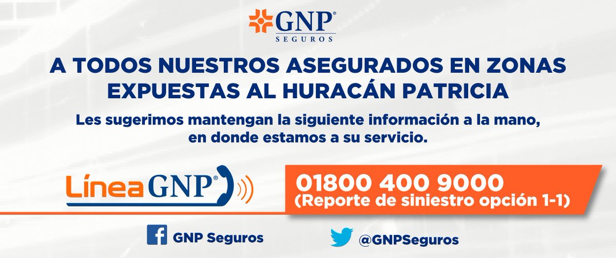 GNPSeguros's tweet photo. #HuracánPatricia disminuyó su intensidad.  Estamos a tus órdenes si necesitas reportar un siniestro. https://t.co/NO8Ag27waq