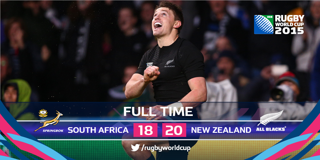 rugbyworldcup's tweet photo. Congratulations #NZL on reaching a second successive #RWCFinal after edging a colossal battle with #RSA! #RSAvNZL https://t.co/yIJCJ4FEFo