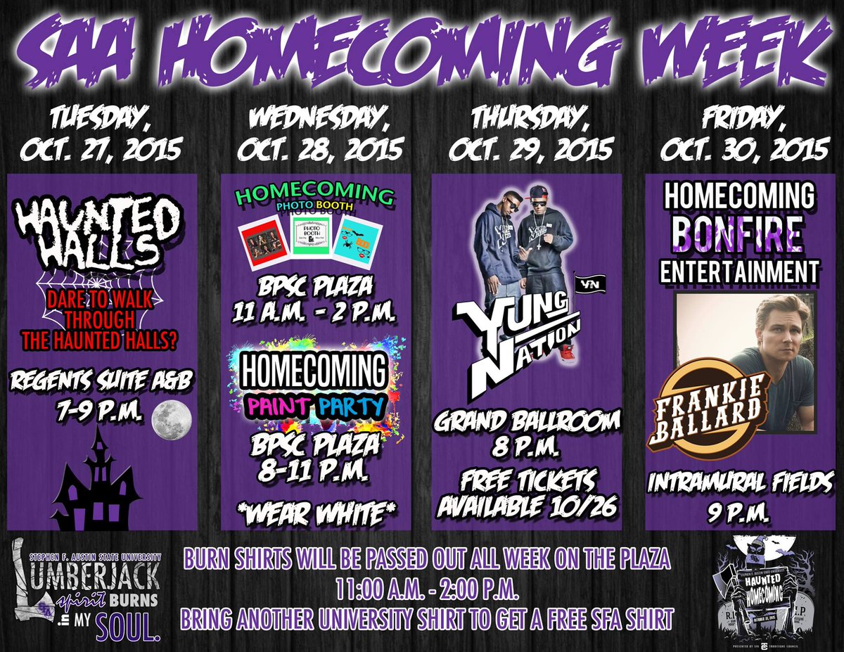 SAA_1923's tweet photo. Four amazing events next week coming at you from SAA! We can't wait to have a great Homecoming week with y'all! https://t.co/9Pyq77uDAn