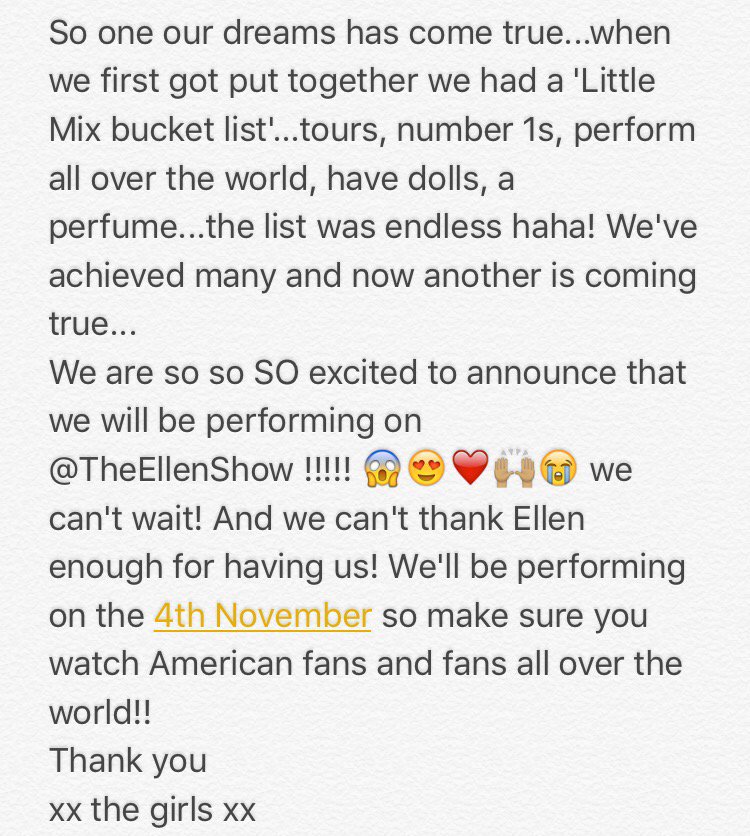 LittleMix's tweet image. EXCLUSIVE 😁 ........ we're guna be performing on @TheEllenShow !! 😍😱🙌🏽❤️ #LittleMixonTheEllenShow ☺️ xx the girls xx