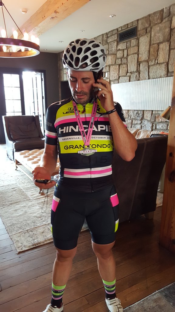 Busy dude! Chef <a href="/mattaccarrino/">matthew accarrino</a> just got off his bike, now he is taking business calls! #FondoHincapie