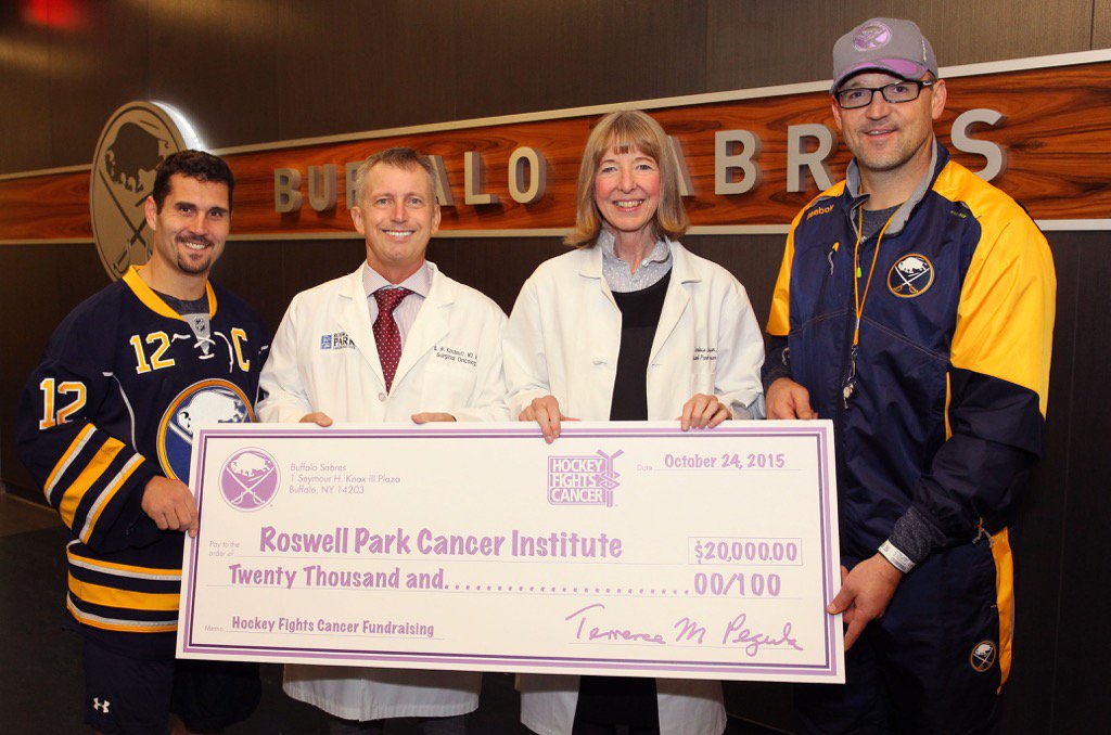 BuffaloSabres's tweet photo. For @RoswellPark: The #Sabres present a check to Dr. Boris Kuvshinoff &amp; Dr. Candace Johnson. #HockeyFightsCancer https://t.co/5kdGKWa2ra