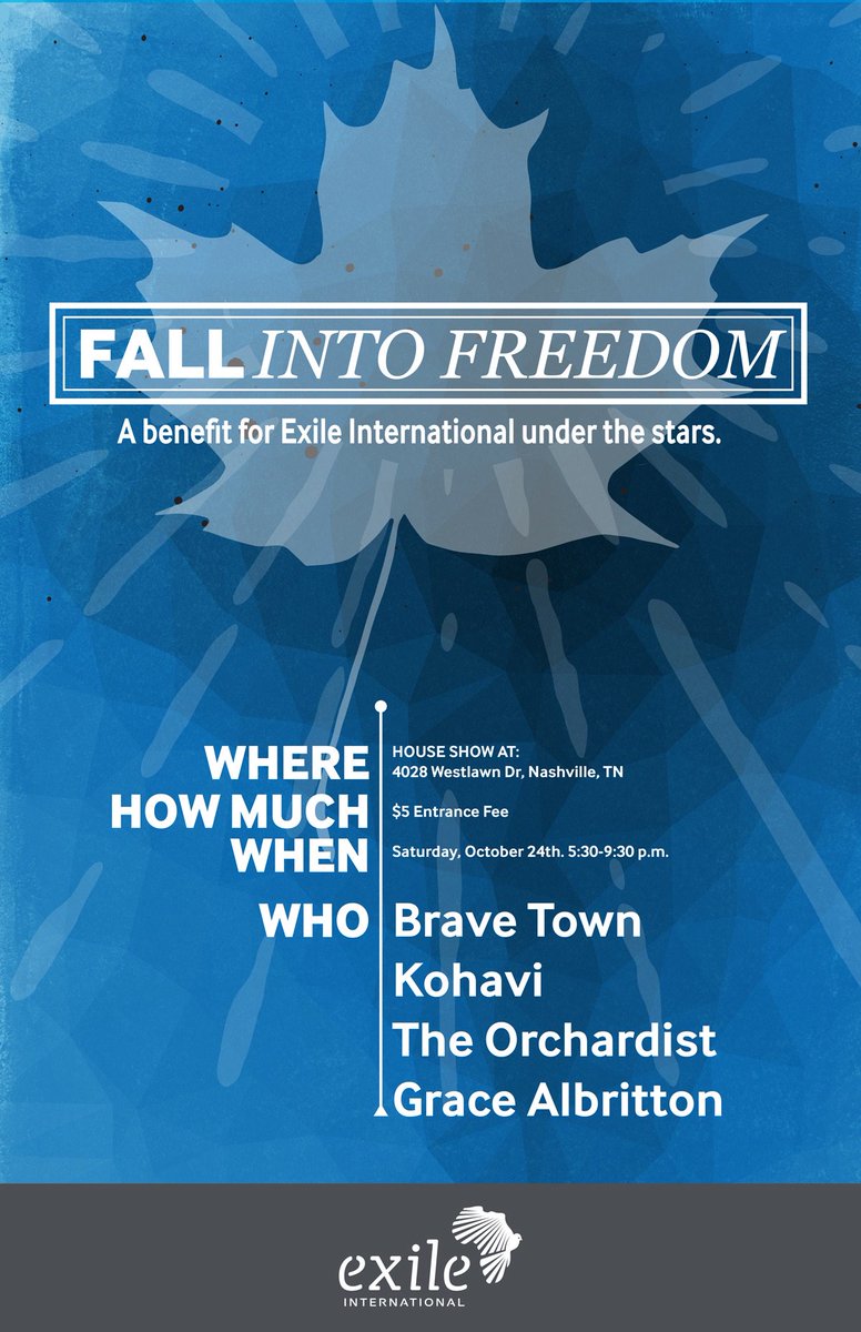BraveTown's tweet photo. Come hang w/ us at @ExileIntl benefit house show w/ @The_Orchardist, @Kohavi_Music, &amp; Grace Albritton! D: 5PM | $5 https://t.co/jiuALzTl3F
