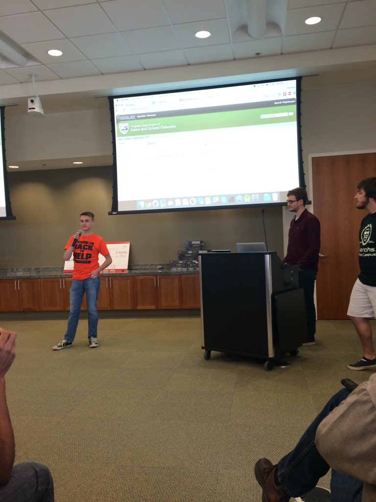 DomEnterprises's tweet photo. Team InSeason in the house! They created an API for hunting & fishing regulations based on your area! #Hack2HelpHR https://t.co/3cAmQ69Mv9