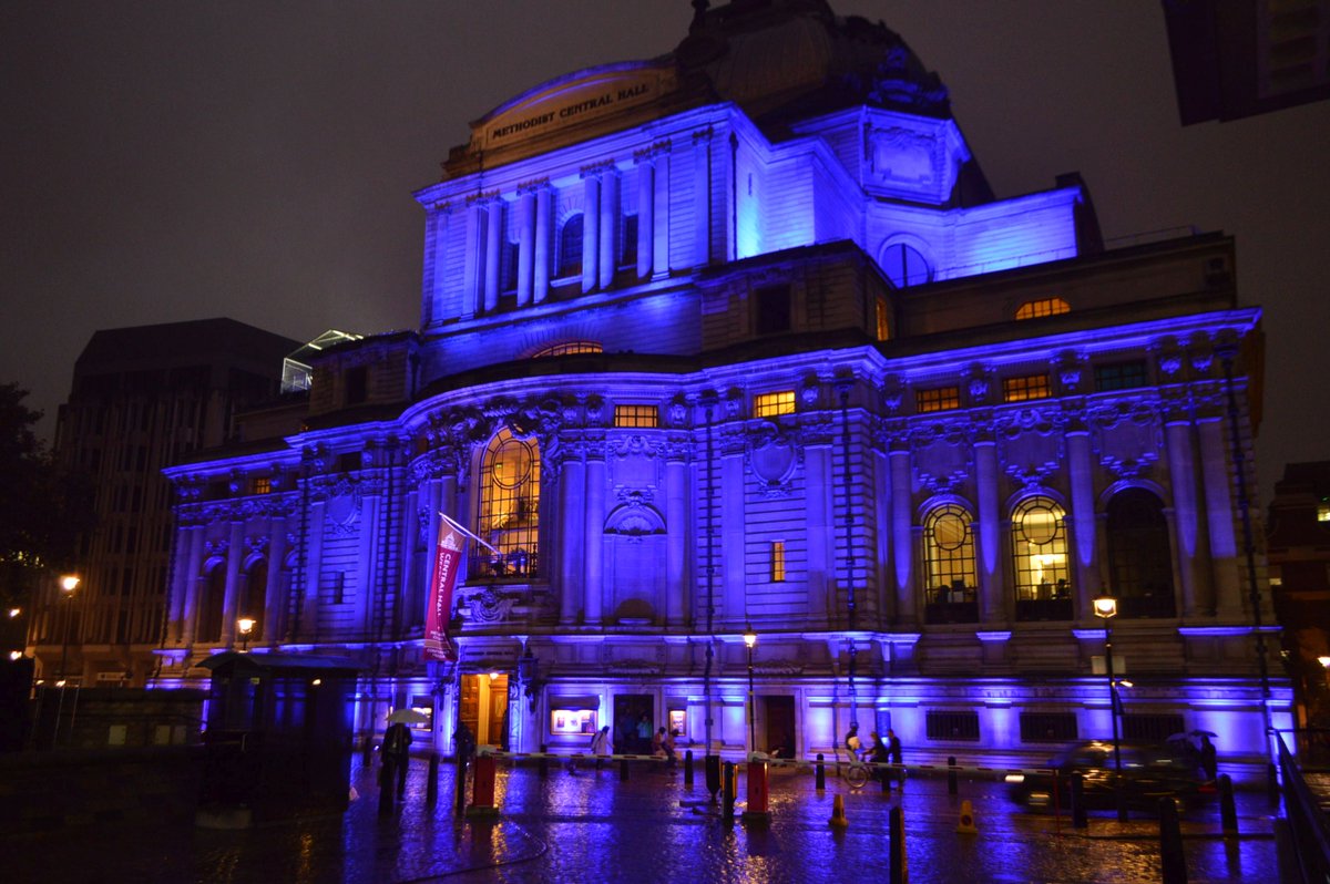 CH_Venues's tweet photo. The world lights up in #UNBlue to mark #UN70 - so does @CentralHall in London tonight! https://t.co/7ChnH8DJct