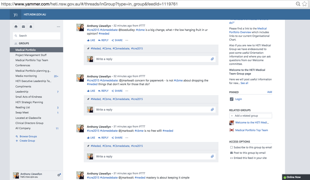 careerdranthony's tweet photo. #ICRE2015 #elog15 tip: mashup use of twitter - my #meded tweets keep my work team informed on yammer (using @IFTTT) https://t.co/AQeTePojU2