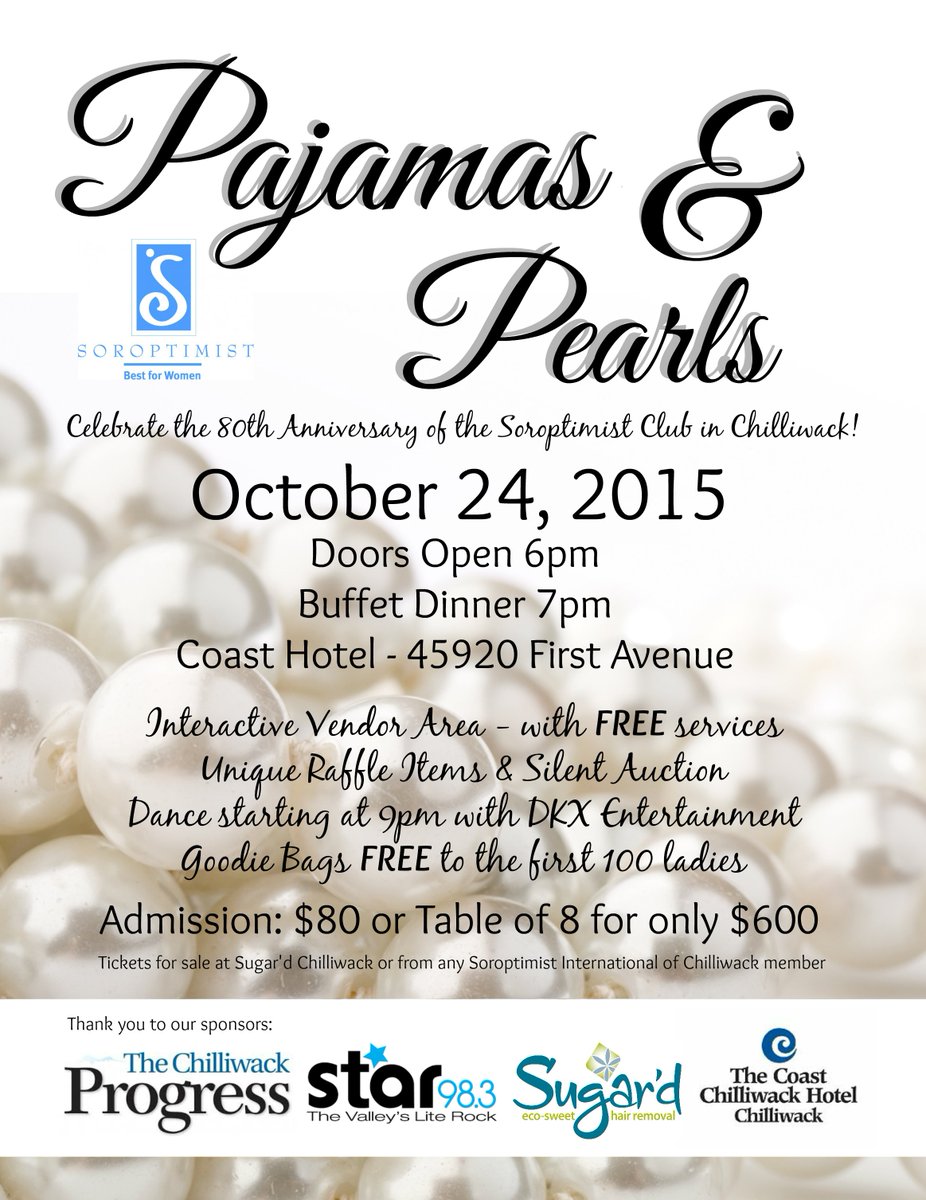 SoroptimistChwk's tweet photo. Tonight is our 1st annual Pajamas &amp; Pearls event! I'm so excited! Dinner, dancing, games... and all in your pajamas! https://t.co/AADTw4eDV8