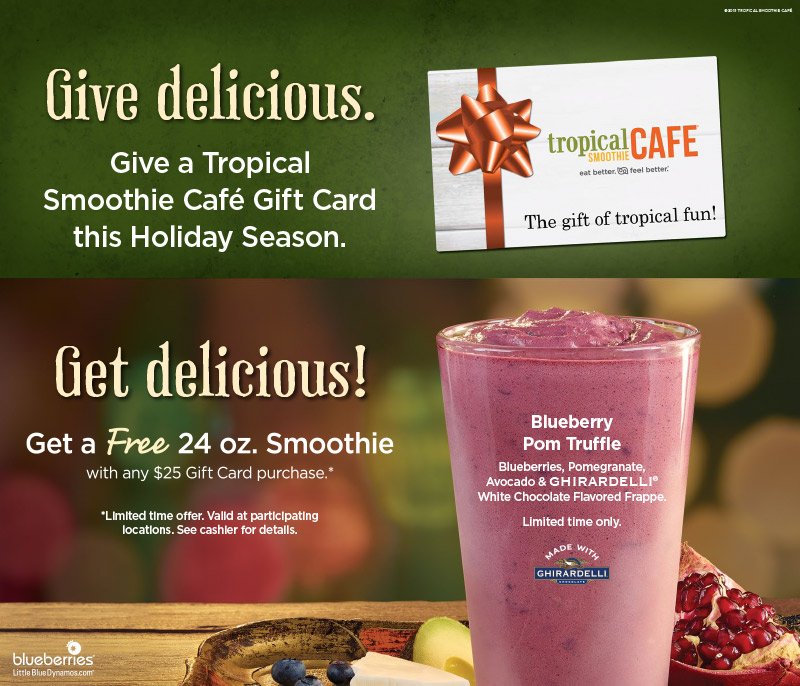 TSUT01's tweet image. Starting Monday, purchase any $25 Gift Card and get a FREE 24 oz. Smoothie! 

#Utah #FreeSmoothies