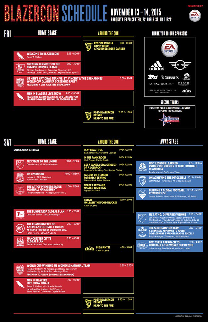 MenInBlazers's tweet photo. Official #BlazerCon Schedule #NoSleepTillBrooklyn https://t.co/h7hEfDiFQt https://t.co/vgp6JMjP4m