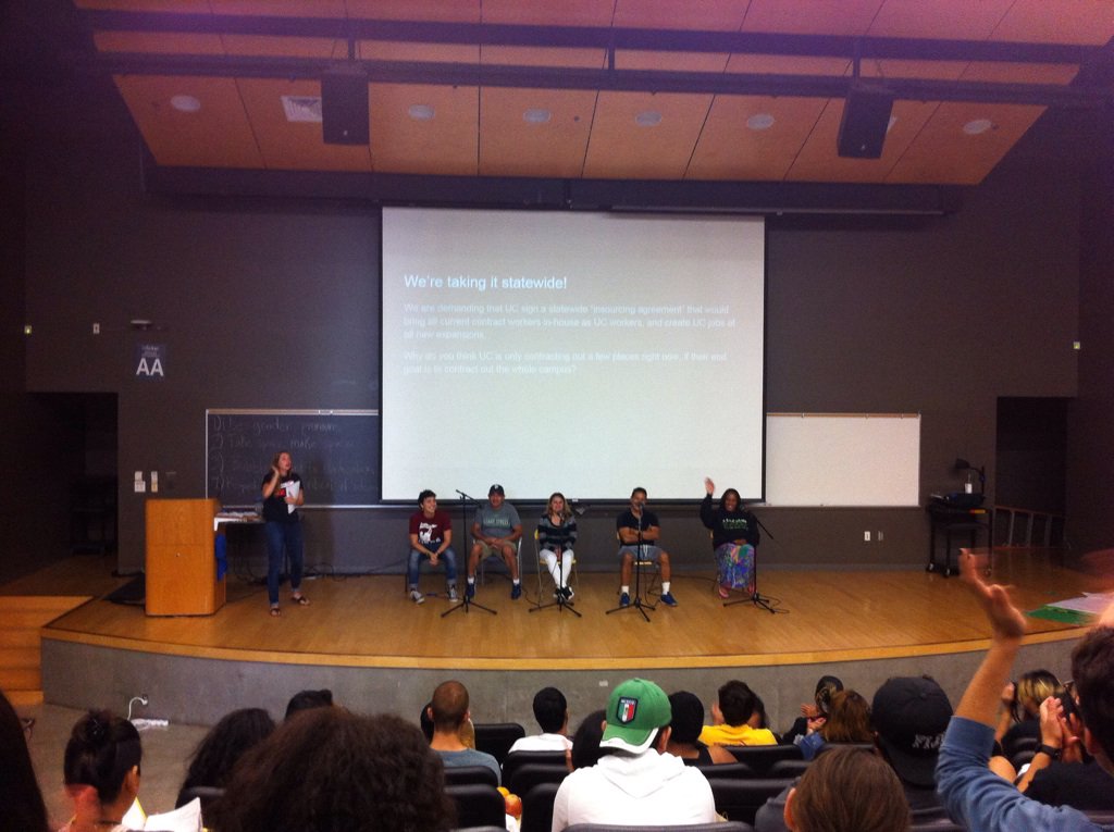 USASUCSB's tweet photo. Live: UC contract workers' panel sharing their stories of their struggles, organizing, and solidarity #SLOC2015 https://t.co/9tFK9QU7bS