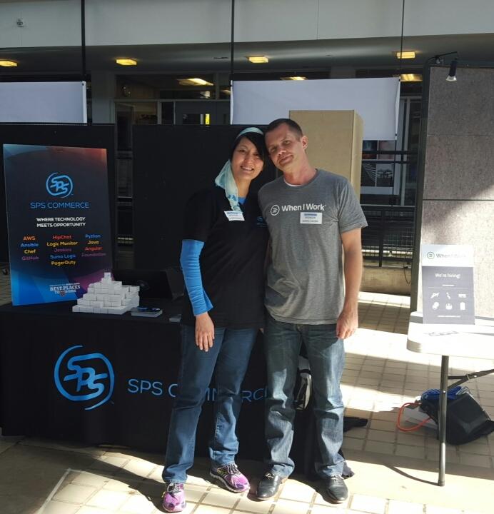 MNHeadhunter's tweet photo. Friendly competition @wheniwork & @SPS_Recruiters #WereHiring and so good to see my friend @jphill_mn #tccc19 https://t.co/6VuzlxyWLE
