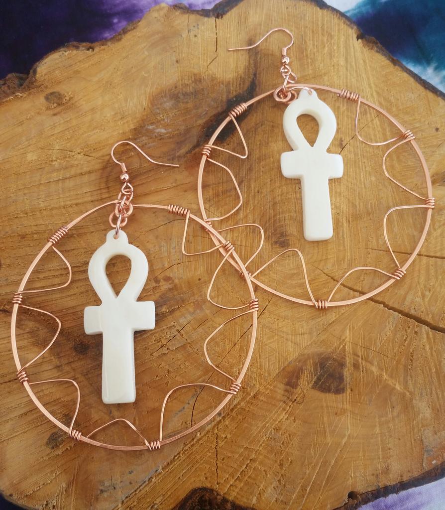 slcssacredgemz's tweet photo. Copper wire wrapped hoops w/bone Ankh dangle. Special order, 1-of-a-kind.  #slcssacredgemz https://t.co/8jcohCZMTC