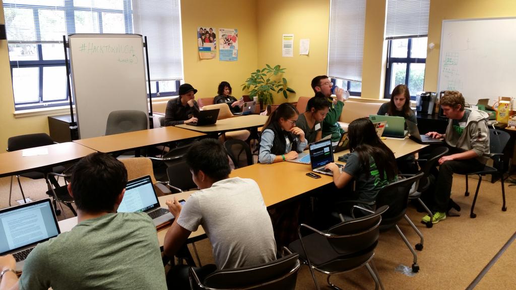 UODevClub's tweet photo. Lunch eaten (Thanks, Noodles &amp; Company!), teams formed, and work has begun. #HackTownUSA2015 https://t.co/Ynokq5Y578