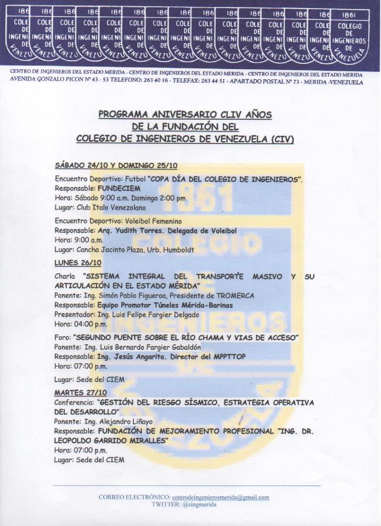cingmerida's tweet image. Programa semana aniversario del Colegio de Ingenieros de Venezuela