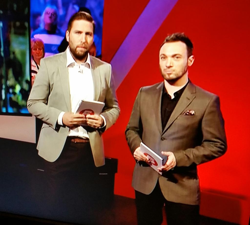 garyfoskett's tweet photo. The funky Corbyn look is catching on. These guys present a prime time football prog on C5. #beards #brownjackets https://t.co/eIB8sEsrXu