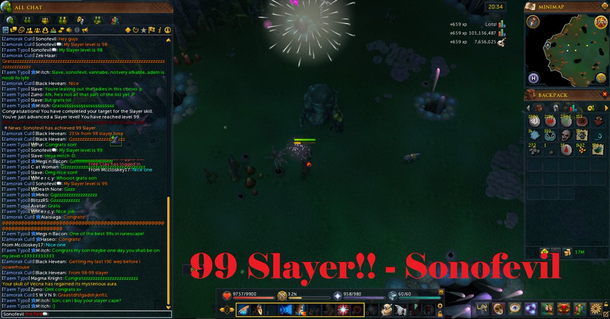 EvilsLittleEmo's tweet photo. 99 Slayer!  90-99 in 25 days! Thanks @Mitch_TheBossRs for the Cape!! @RuneScape @JagexNeena #taemtypo @ZamorakCult https://t.co/kCX4LgB5c4
