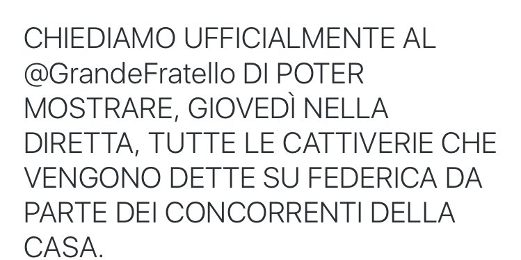italianFT's tweet photo. RT TUTTI PER FARCI ASCOLTARE DAL @GrandeFratello, @lapinella, @InfoMalgioglio.

#GF14 #TEAMFEDERICA https://t.co/d5WgAdvOV2