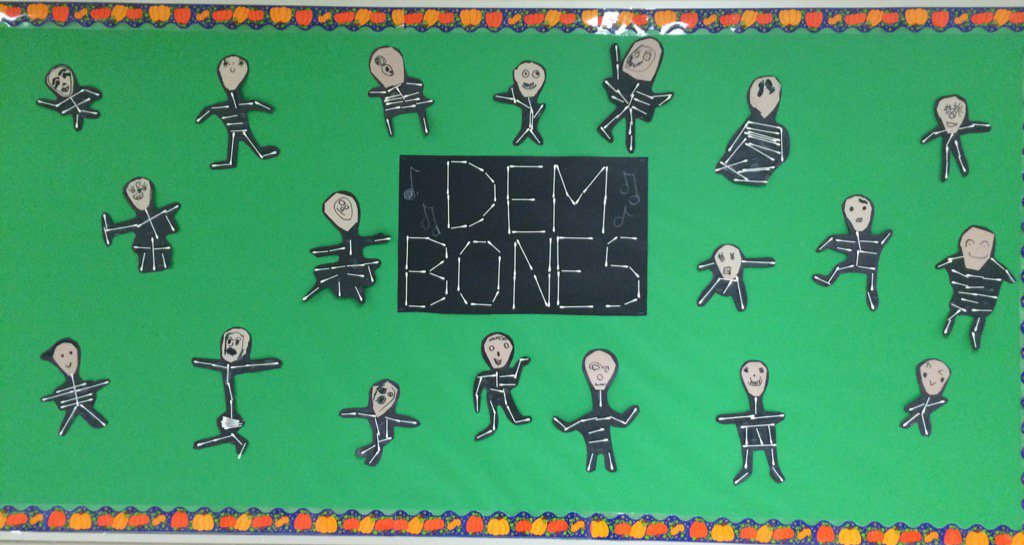 Skeleton bulletin board! Dem bones, dem skeleton dry bones! Q-tips, glue, and paper!