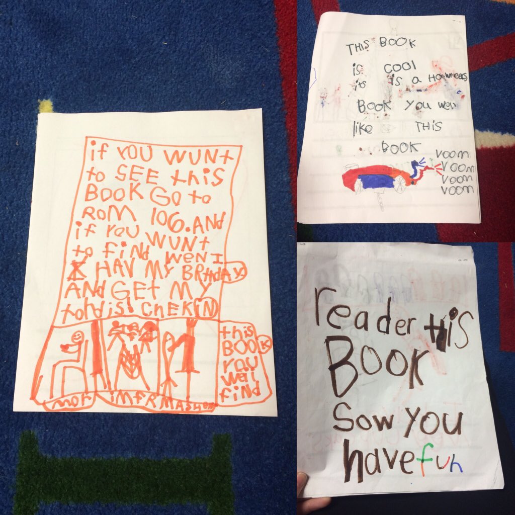 aroth008's tweet photo. This is how first-grade writers get their reader's attention. #TCRWP #bookblurbs #WUOS https://t.co/SVRTHh6f21