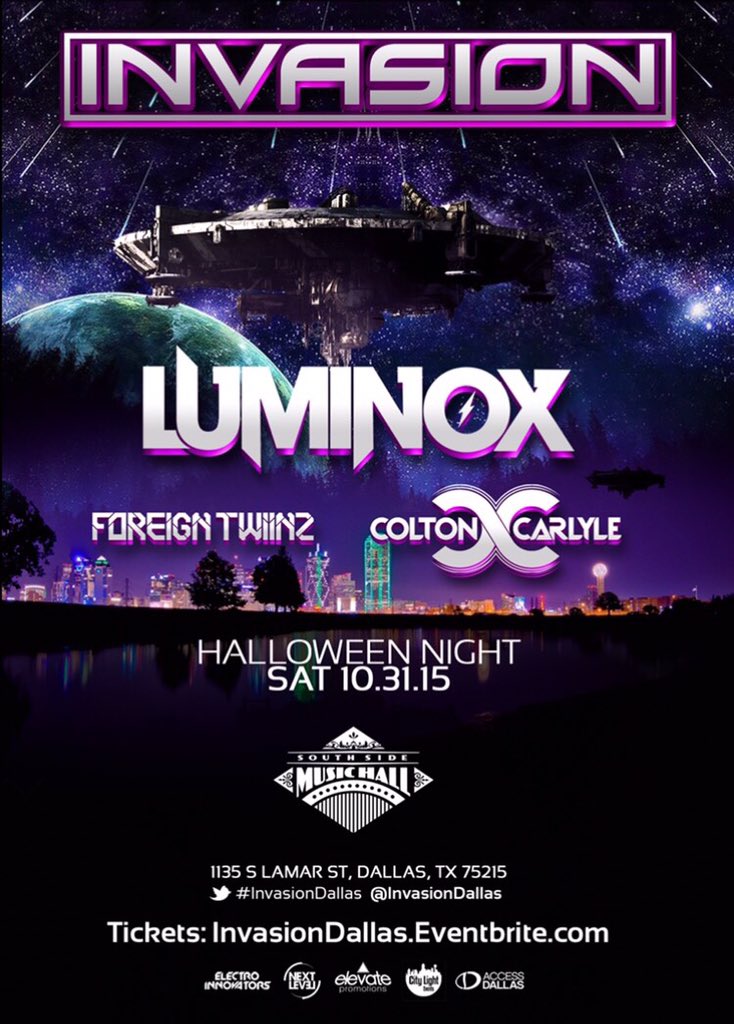 👽 #InvasionDallas 👽
🎃 Halloween Night 🎃

$500 Costume Contest 
10-2am
 
Tickets: InvasionDallas.Eventbrite.com