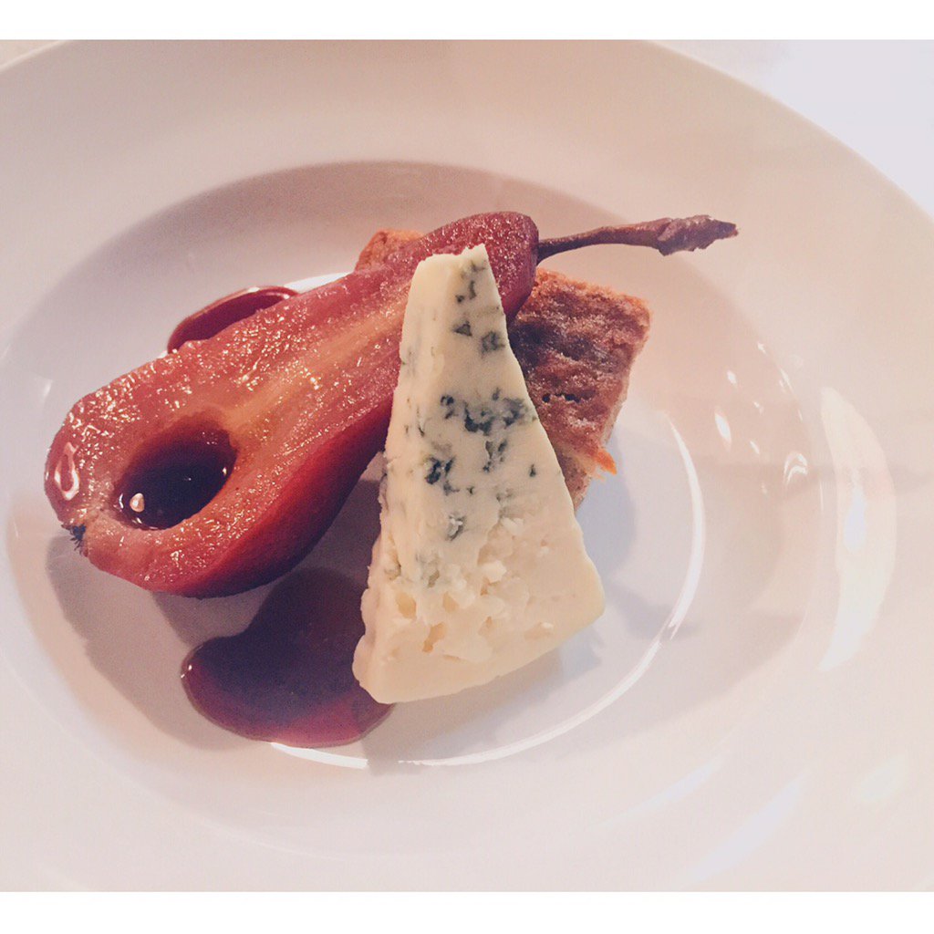 my dessert for <a href="/chefcasella/">Cesare Casella</a>'s #bigbarn event: poached pears with spice cake &amp; blue cheese