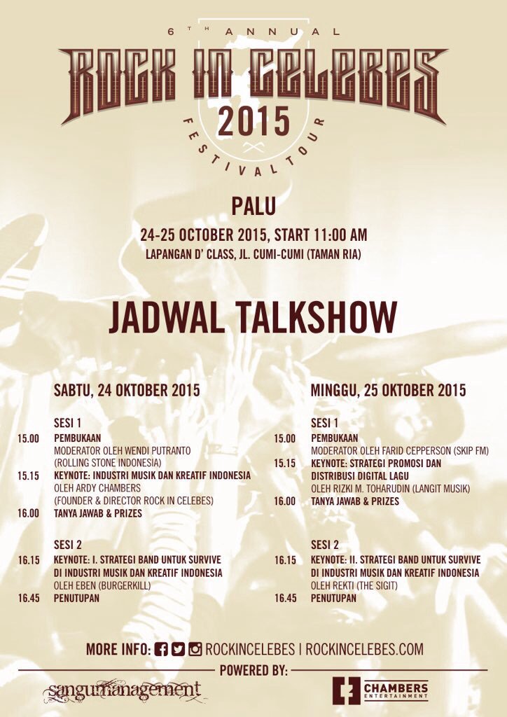 RockInCelebes's tweet photo. Selamat pagi Palu, hari terakhir gelaran #RICfest2015 #palu bertempat di Lap. D'Class jalan cumi-cumi https://t.co/PtZxqt8xgq