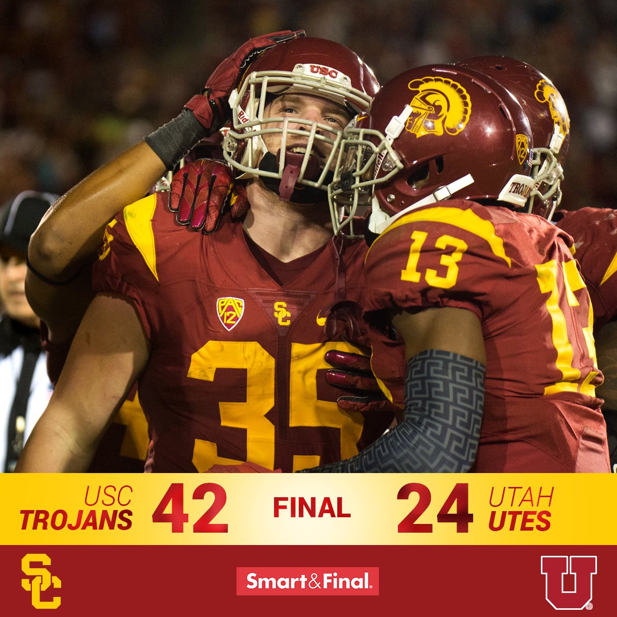 USC_Athletics's tweet photo. FINAL: USC 42, Utah 24. The Trojans never doubted. USC dominates the No. 3 Utes at the Coliseum. #FightOn https://t.co/GLO32bVoqR