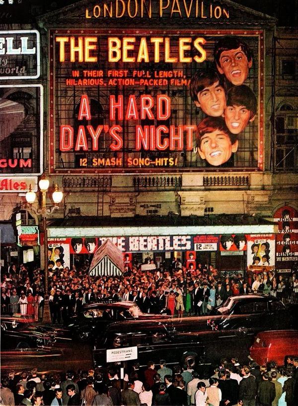 HistoryInPics's tweet photo. The premiere of The Beatles 'A Hard Day’s Night' at the London Pavilion, 1964. https://t.co/sOYKs6BzU5