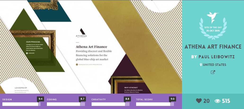cssnectar's tweet photo. SITE of the DAY: Athena Art Finance https://t.co/SXiC6pOEHy @leibowitzdesign @paul_leibowitz https://t.co/vzueXcLS4E