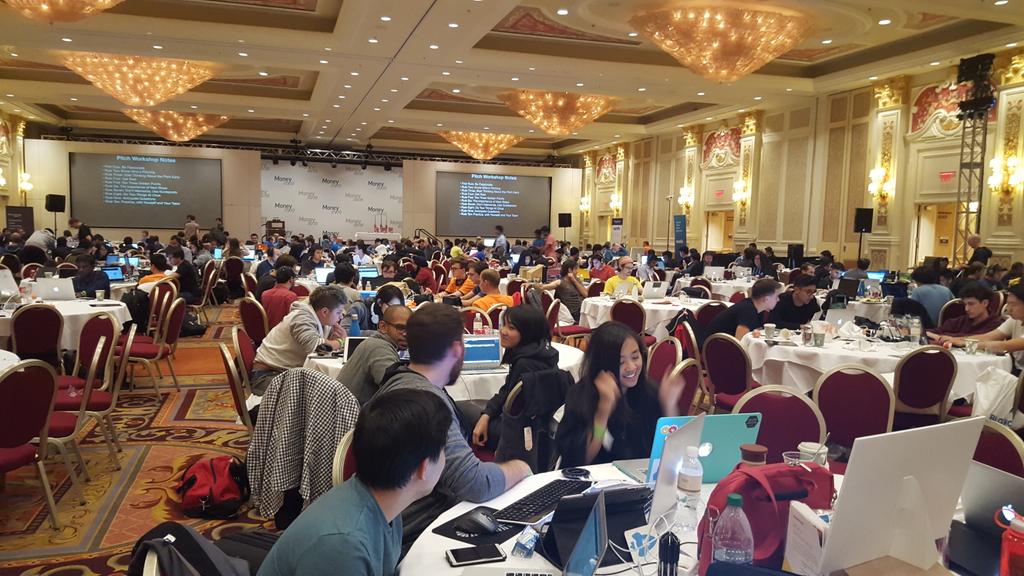 annewchen's tweet photo. @devbootcamp 12 hours into the #money2020hackathon. Still alive!! Caught Jennifer in mid-celebration! https://t.co/lB0LAveL5h