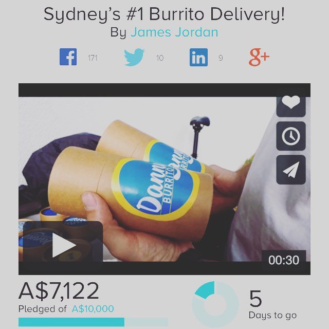 Danny__Burrito's tweet photo. We need your help to deliver our delicious #burritos to Sydney! #dannyburrito is over 70% โฆ https://t.co/KHV5L4VuvC https://t.co/P6bBzRPvjR