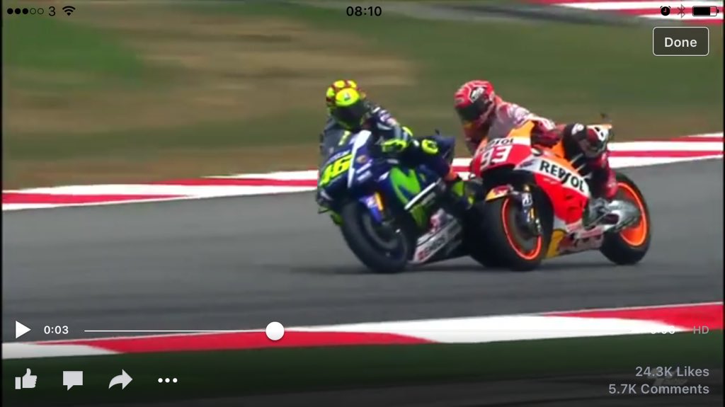 FKM1978's tweet photo. Pushed out wide.. Leaned in.. Defensive knee out &amp; MM down.... #motogp #46 #93 one was falling today either way https://t.co/VfhZAnpOfE