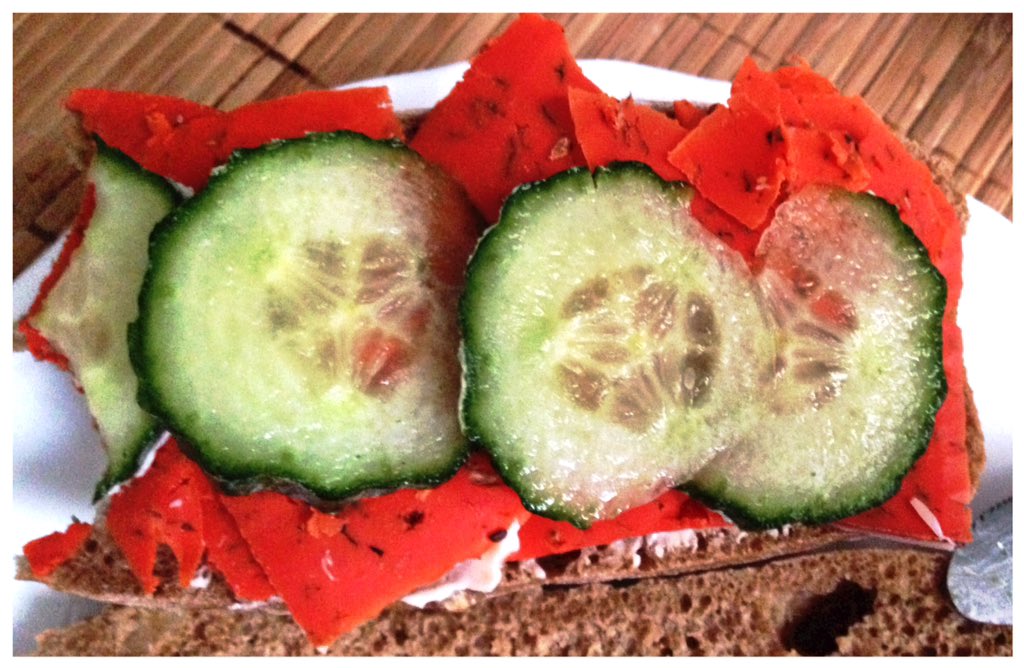 Mali_Bush's tweet photo. Sunday breakfast dark rye nut bread w/ cucumber and red pesto cheese #healthyliving #cheatbreakfast #healthy #sunday https://t.co/j0VTQHXNoq