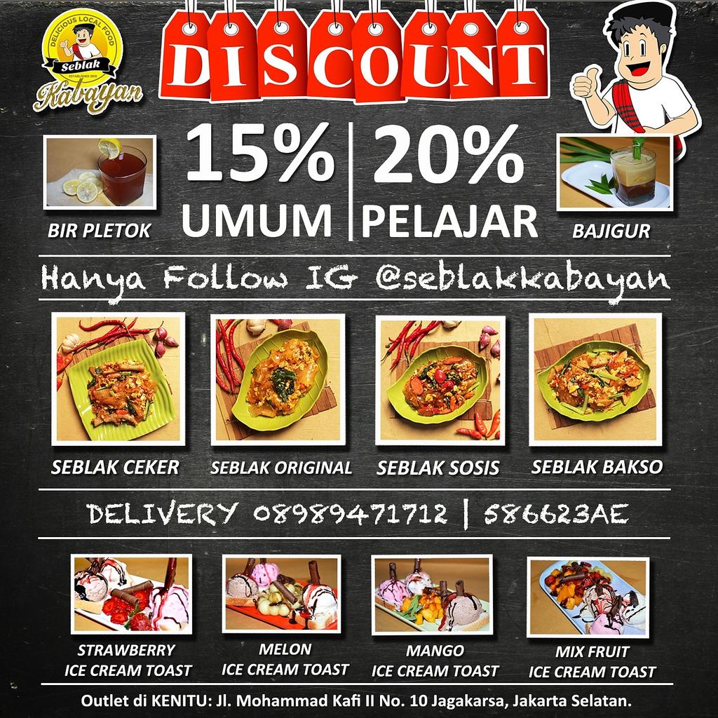 seblakkabayan's tweet photo. Diskon...serbuuu! Usaha alumni Gundar nih :) @infoGUNADARMA @KomunitasUG @snapgunadarma @CommovUG @fajrulislamug https://t.co/1KiH4tNxbY