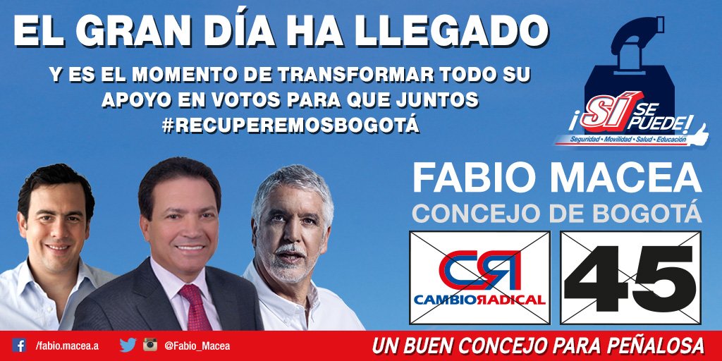 Fabio_Macea's tweet photo. Comienza esta jornada de fiesta democrática y comienza la recuperación de Bogotá. Tu voto es clave. Vota temprano! https://t.co/FDU2tGFkRb