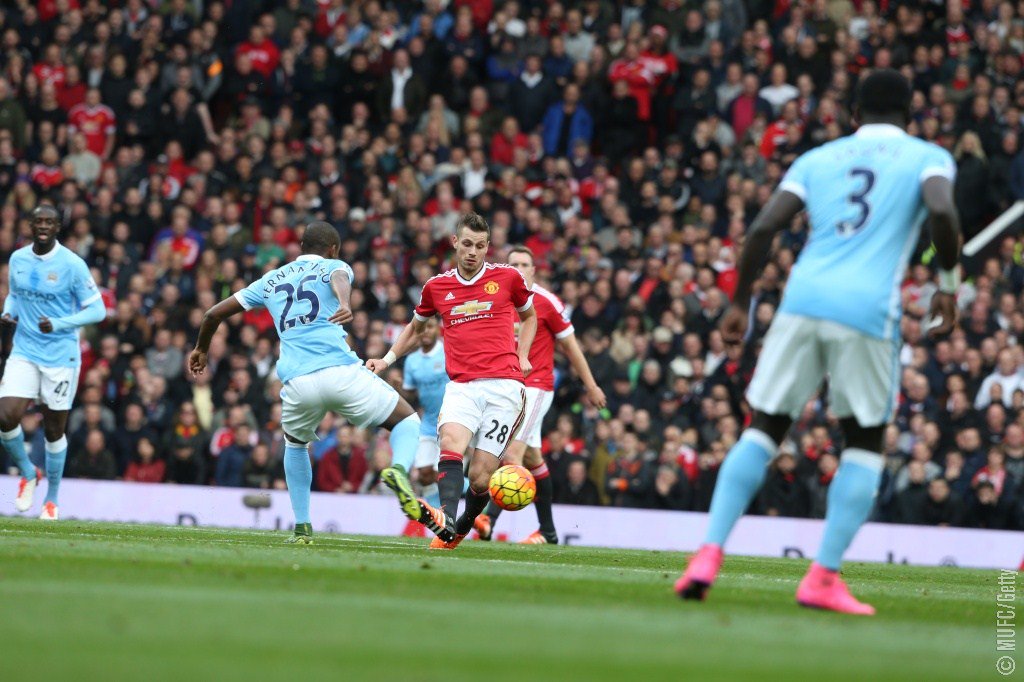 ManUtd's tweet image. HT: #mufc 0 City 0. It's goalless in the derby at the break after a cagey first half.